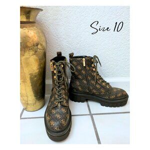 Guess Ferina Logo Combat Boots Size 10 Black Gold Monogram